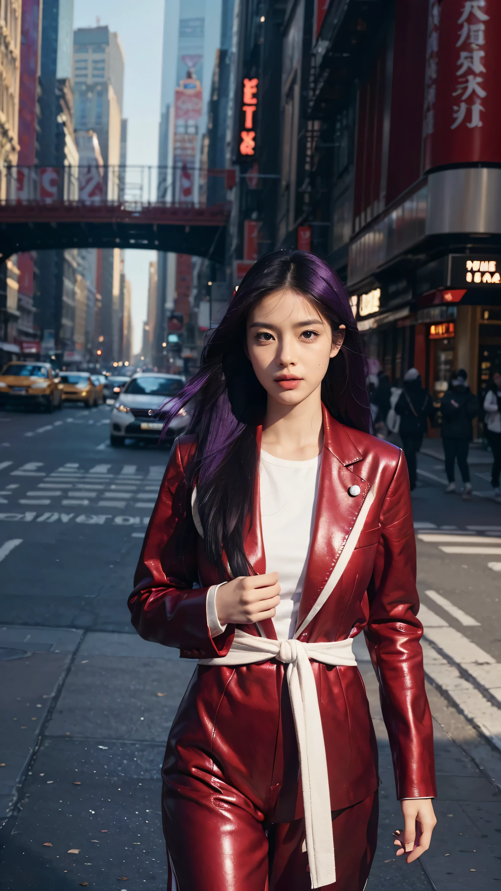 mid shot, white Asian woman, (long black and purple hair), (red outfit), (detailed face), beautiful eyes, lips, nose, (detailed skin), beautiful facial features, (walking in middle of new york), detailed surrounding, natural lighting, high quality, ((photorealistic,extremely detailed) ,8k,masterpiece,bright colors, cinematic lighting, ((no blurry))