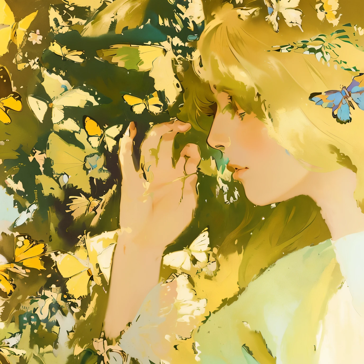 a painting of a woman with butterflies in her hair, by Eugène Grasset, inspired by Eugène Grasset, alphonse mucha. rich colors, alfonso mucha, (((alphonse mucha))), eugene grasset, art noveau painting, alphonce mucha, art nouveau painting, alphonse mucha frank fanzzeta, by Elizabeth Shippen Green