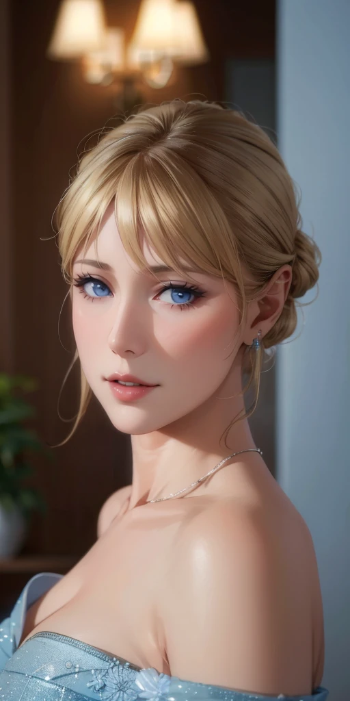 elegant mature woman, blonde, chignon hair, blue eyes, soft light, 4k resolution, high detailed, high quality, beautiful cg