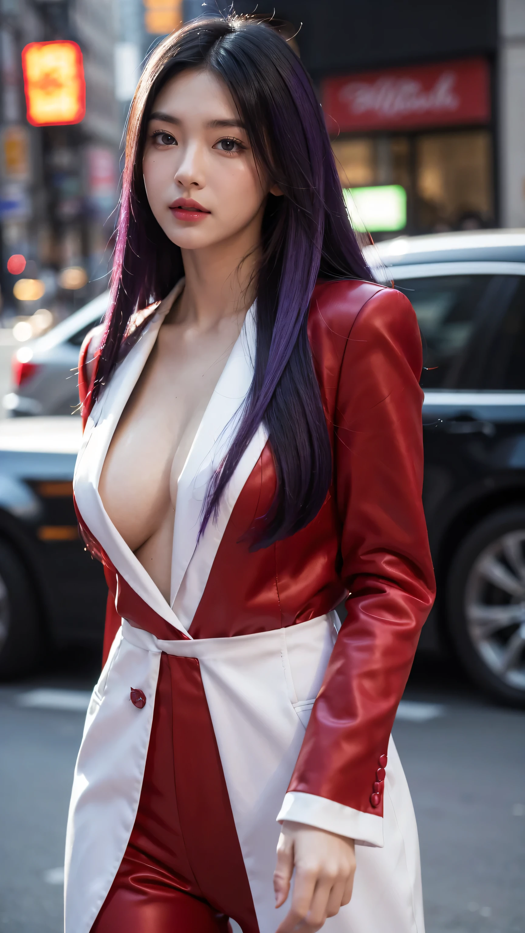 mid shot, white Asian woman, (long black and purple hair), (red outfit), (detailed face), beautiful eyes, lips, nose, (detailed skin), beautiful facial features, (walking in middle of new york), detailed surrounding, natural lighting, high quality, ((photorealistic,extremely detailed) ,8k,masterpiece,bright colors, cinematic lighting, ((no blurry))