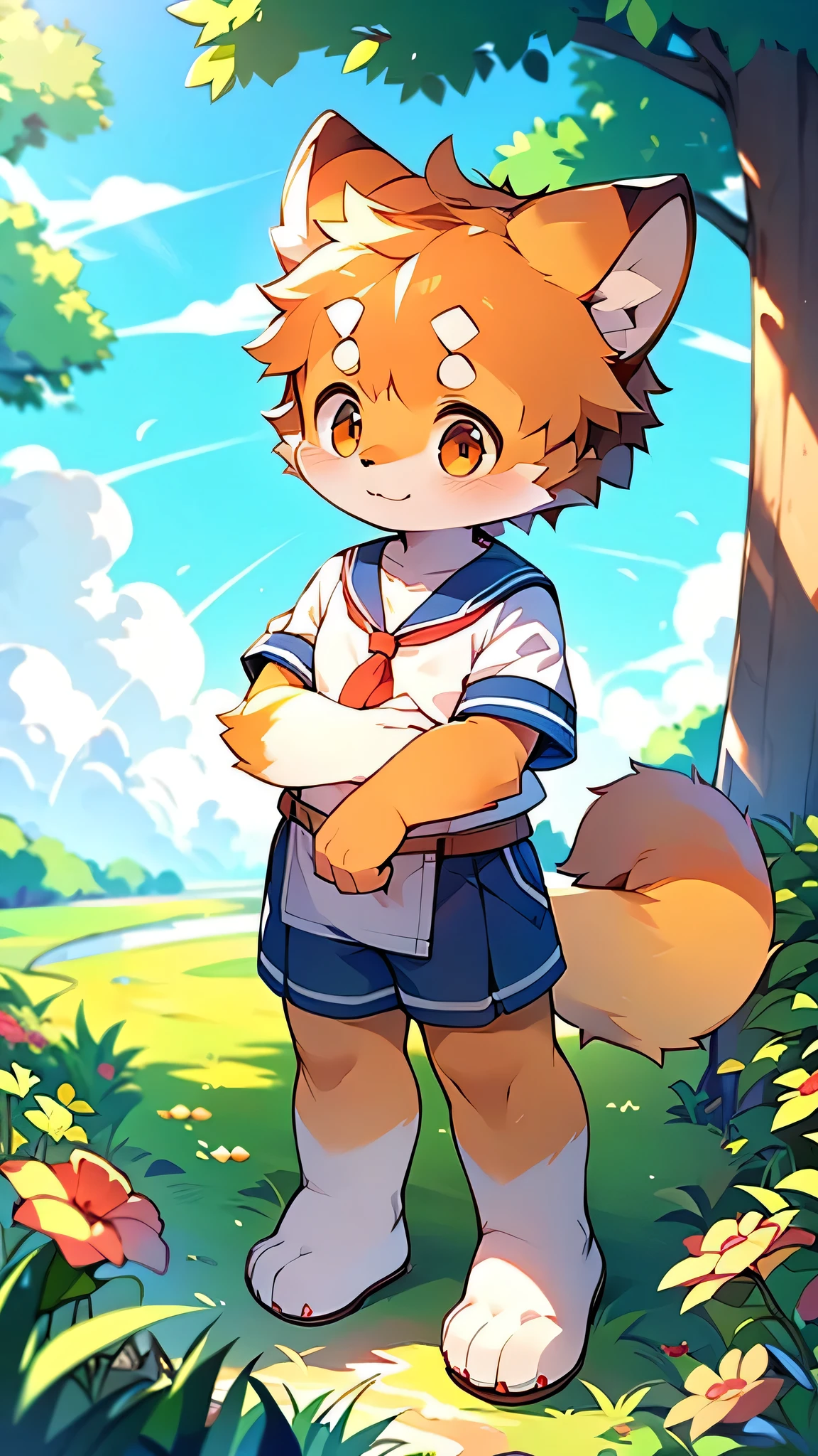 Red Panda Boy,Characteristics of Sailor Suits,super high quality,Very detailed,High resolution,Cute art style in anime,Rice field scenery,:tall stature,pixiv Contest Winner,Official Art,furry animal with a tail,fur art,(Cheerful ager,13 y),alone,single,A man with a pretty face,