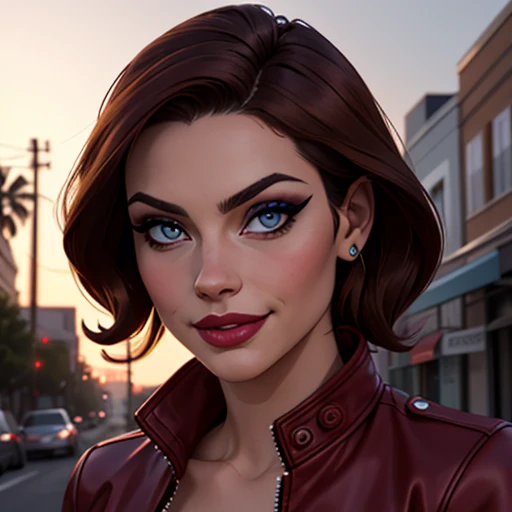 Best quality, realistic, from the front in first person, KristannaTX on a Los Angeles city street, (a female mexican supermodel), (sexy wine red leather jacket:1.1), split, Seductive smile, (dark hair), (hairstyle:1.0), Perfect eyes, sharp parts, Detailed face, face-makeup, cheeks turn red, Eyeliner, eyeshadow, Lip gloss, supermodel, (deep focus), (hard lighting), (night time), (realistic lighting:1.0)