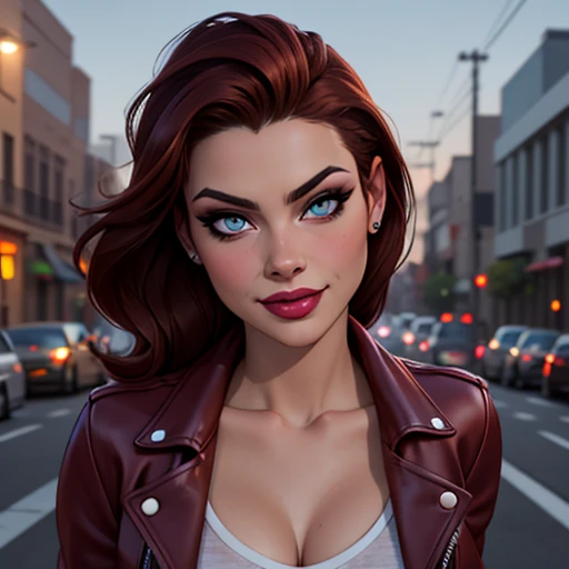 Best quality, realistic, from the front in first person, KristannaTX on a Los Angeles city street, (a female mexican supermodel), (sexy wine red leather jacket:1.1), split, Seductive smile, (dark hair), (hairstyle:1.0), Perfect eyes, sharp parts, Detailed face, face-makeup, cheeks turn red, Eyeliner, eyeshadow, Lip gloss, supermodel, (deep focus), (hard lighting), (night time), (realistic lighting:1.0)