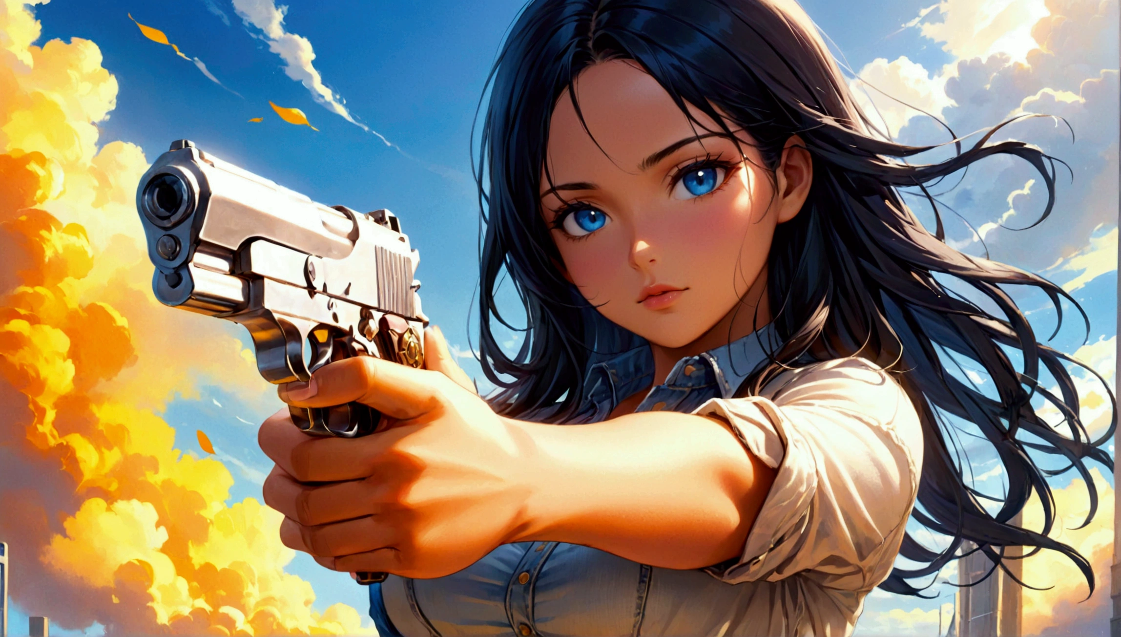 gorgeous, Her skin is lightly tanned and she has an hourglass figure., wearing a tight pair. of jeans and a shirt that hugs your body tightly, He appears to have two interesting looking guns on his waist, Her black hair swings behind her as she walks and her sky blue eyes linger on your body.,full body image