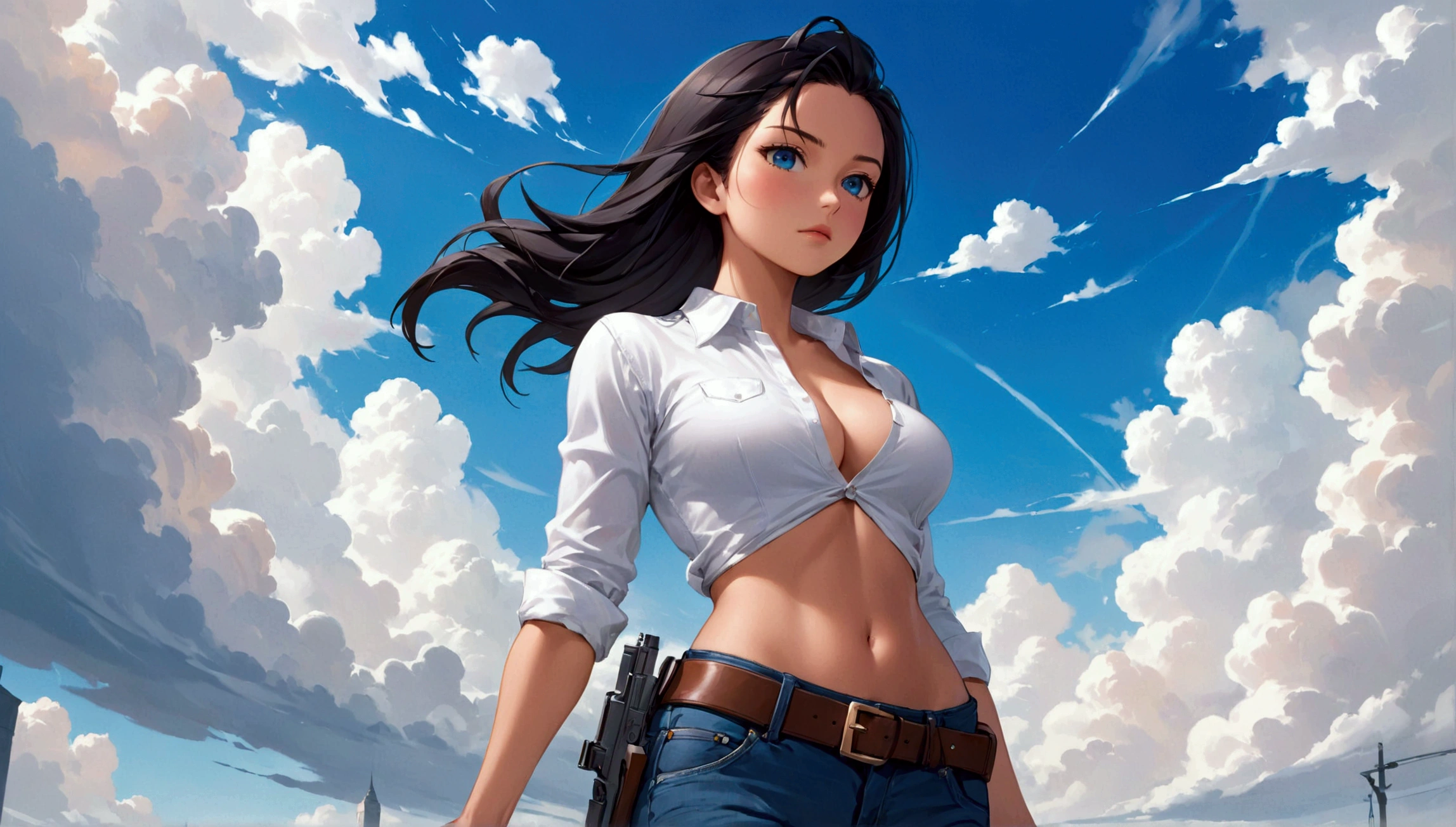 gorgeous, Her skin is lightly tanned and she has an hourglass figure., wearing a tight pair. of jeans and a shirt that hugs your body tightly, He appears to have two interesting looking guns on his waist, Her black hair swings behind her as she walks and her sky blue eyes linger on your body.,full body image