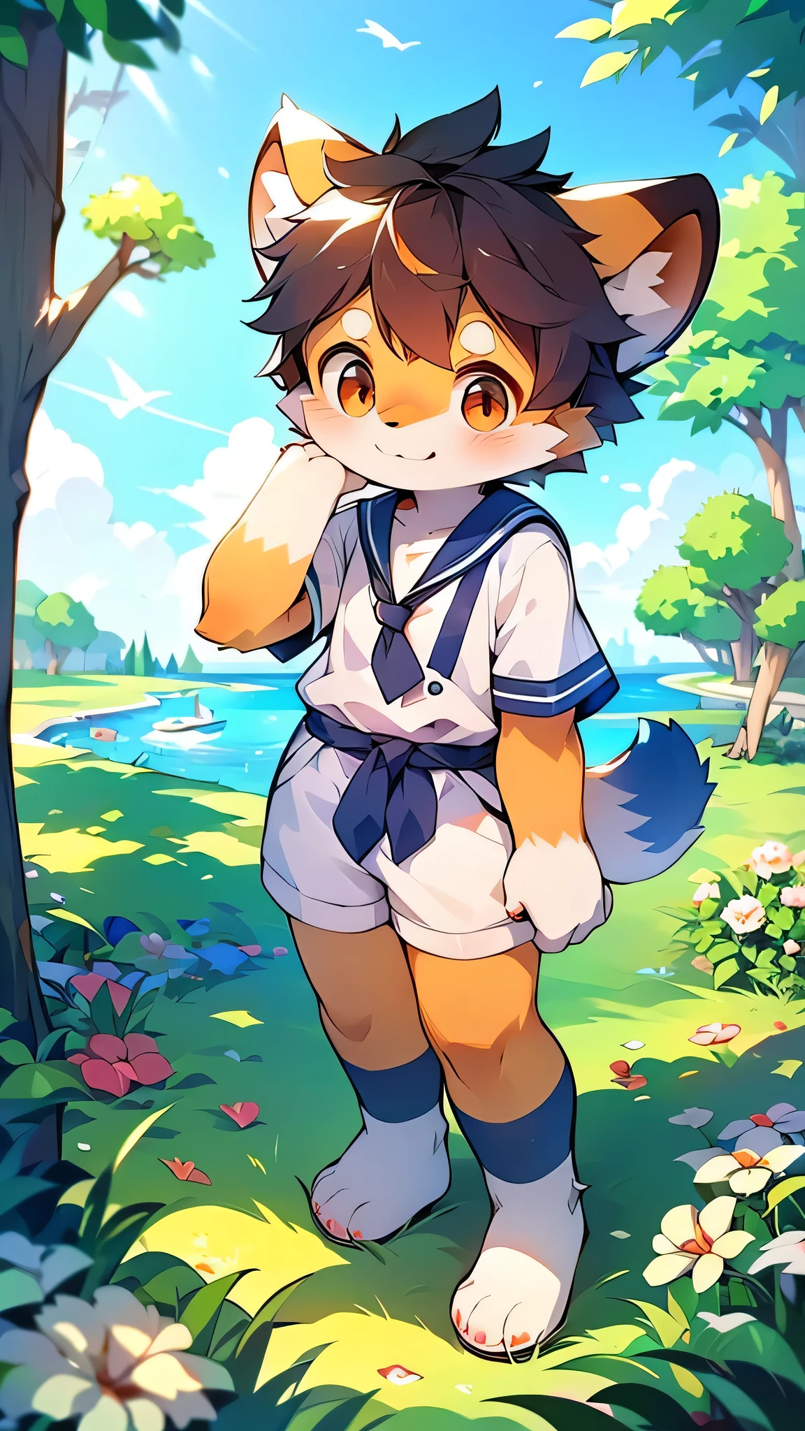 Red Panda Boy,Characteristics of Sailor Suits,super high quality,Very detailed,High resolution,Cute art style in anime,Rice field scenery,:tall stature,pixiv Contest Winner,Official Art,furry animal with a tail,fur art,(Cheerful teenager,13 years old:1.3),alone,single,A man with a pretty face,