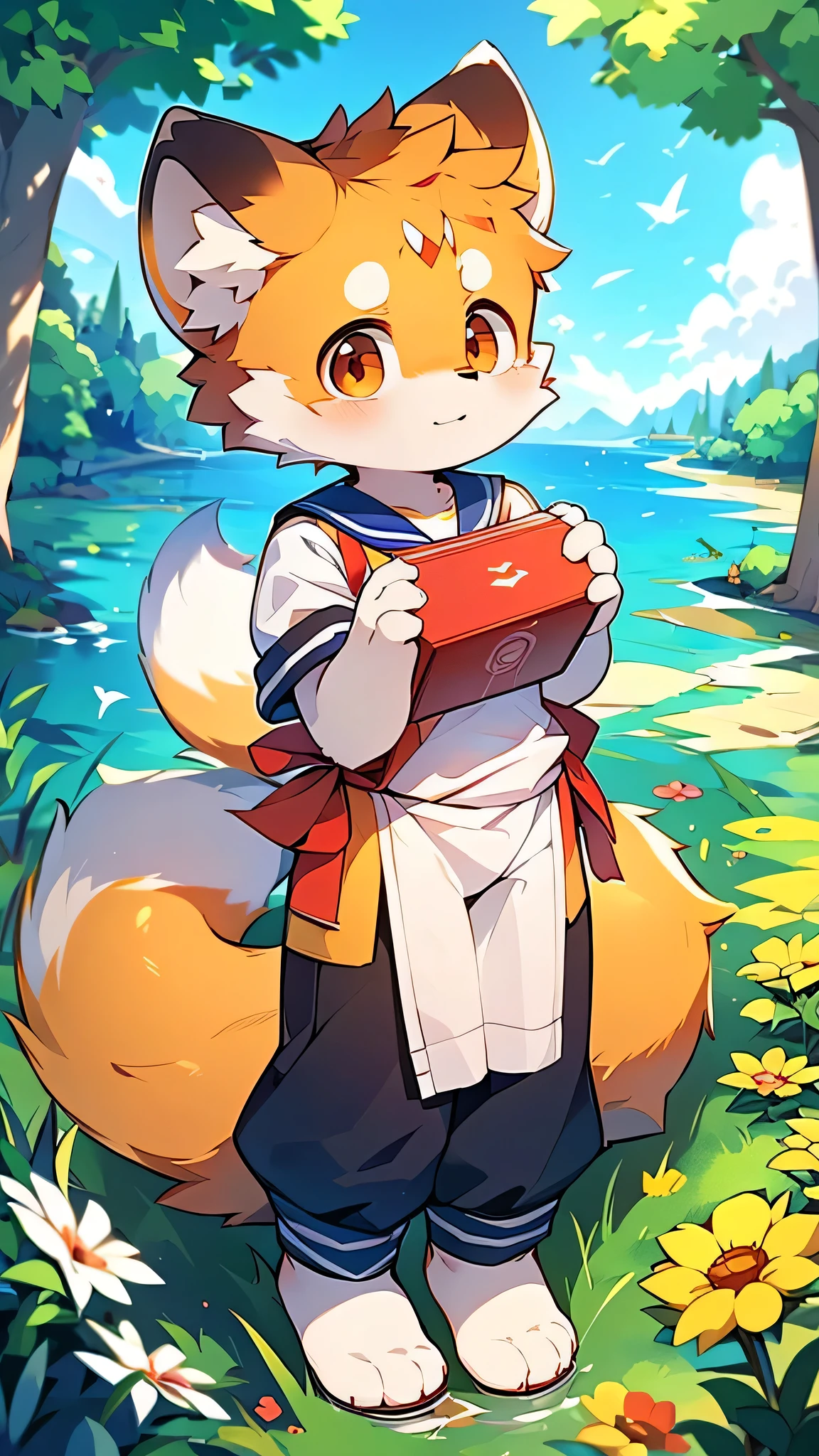 Red Panda Boy,Characteristics of Sailor Suits,super high quality,Very detailed,High resolution,Cute art style in anime,Rice field scenery,:tall stature,pixiv Contest Winner,Official Art,furry animal with a tail,fur art,(Cheerful teenager,13 years old:1.3),alone,single,A man with a pretty face,