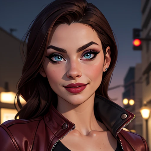 Best quality, realistic, from the front in first person, KristannaTX on a Los Angeles city street, (a female mexican Supermodel), (sexy wine red leather jacket:1.1), split, seductive smile, (dark hair), (hairstyle:1.0), Perfect eyes, sharp parts, detailed face, face-makeup, cheeks turn red, Eyeliner, eyeshadow, lip gloss, Supermodel, (Deep Focus), (hard lighting), (Night time), (realistic lighting:1.0)