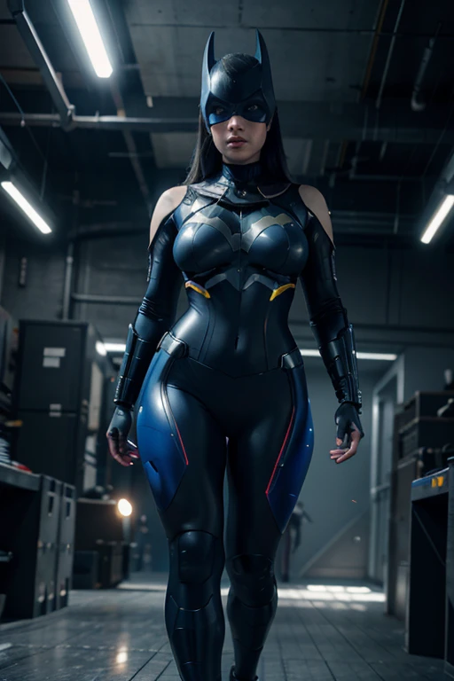 beautiful cyborg chubby woman, full body standing, blue leggings, batgirl, highly detailed, ultra-realistic, 8k, photorealistic, professional digital art, dramatic lighting, cinematic colors, dynamic pose, intricate machinery and cybernetic enhancements, glowing eyes, sharp focus, hyper detailed