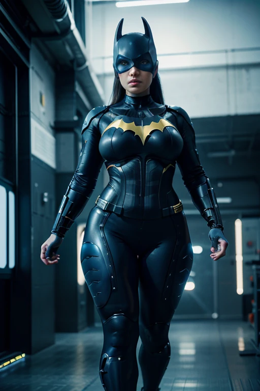 beautiful cyborg chubby woman, full body standing, blue leggings, batgirl, highly detailed, ultra-realistic, 8k, photorealistic, professional digital art, dramatic lighting, cinematic colors, dynamic pose, intricate machinery and cybernetic enhancements, glowing eyes, sharp focus, hyper detailed