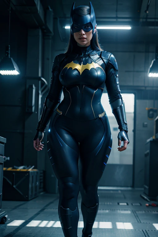 beautiful cyborg chubby woman, full body standing, blue leggings, batgirl, highly detailed, ultra-realistic, 8k, photorealistic, professional digital art, dramatic lighting, cinematic colors, dynamic pose, intricate machinery and cybernetic enhancements, glowing eyes, sharp focus, hyper detailed