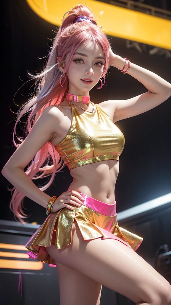 A young woman with an athletic body with loose hair in shades of neon pink and orange, dressed in a gold metallic flared skirt and a red vinyl cropped top, dancing in an outdoor party setting with colorful neon lights and vibrant electronic music. Silver headphones studded with crystals dangle from her hand as she looks directly into the camera with a confident smile..