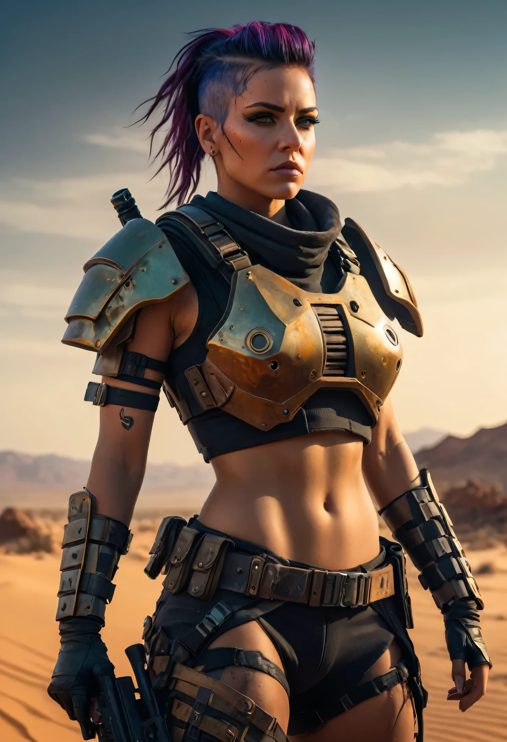 a post-apocalyptic female warrior, detailed post apocayptic sexy, tight armor, machette weapon, gritty desert environment, dramatic lighting, highly detailed, cinematic composition, moody color palette, (best quality,4k,8k,highres,masterpiece:1.2),ultra-detailed,(realistic,photorealistic,photo-realistic:1.37), superrealistic, white, purple, blue hair, messy makeup, 8k, 4k green eyes