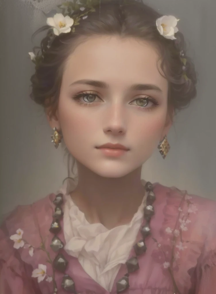 arafed photo of a woman with a large black necklace and white flowers in her hair, realistic colored, old color photo, about 1 9 years old, old color photo, autochrome pearl portrait, restored color, photo of a woman, photo of a young woman, aged 2 5, color photo, color photo, vintage color photo, 13 year old, color photo, high detail, european woman,
