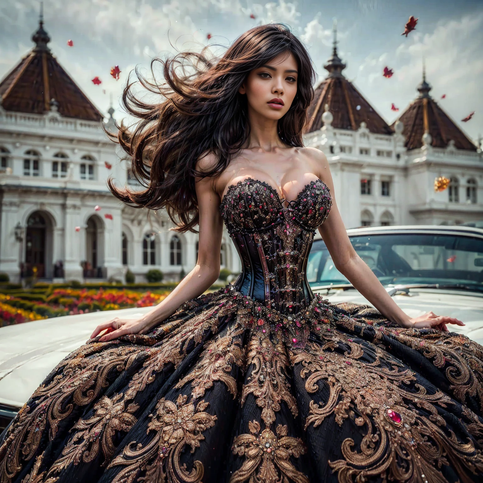 An asian woman fair skin with loose hair, standing on the stairs in the middle of a magical atmosphere, with a predominantly blue and red costume, a strapless metal steampunk corset-style dress decorated with bright purple jewels, a short tutu skirt, black thigh-high latex stockings with lace tops and ornaments purple jewels, white high heels with gold decoration, grand staircase background under mysterious sky full of stars and celestial bodies, crystal detailed, hyper realistic, hyper detail Transparent clothing, Detailed gemstones, masterpiece, best quality:1.2),,(8k,highres,RAW photo,realistic,photo-realistic:1.3),(detailed skin texture,detailed cloth texture, beautiful detailed face:1.25),professional lighting,photon mapping,beautiful soft light,radiosity,physically-based rendering,raytracing, model shoot style, model shoot style, (extremely detailed CG unity 8k wallpaper), full shot body photo of the most beautiful artwork in the world (NSFW), (Nude), (Naked), (Nipple) (pussy) (small pussy) (tight pussy) (metal and glass corset)