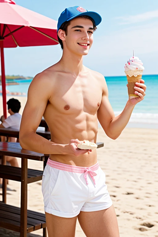 A young man, Beautiful, handsome, skinny, beautiful white face without shirt, ice cream server with pink hat on the beach and an ice cream parlor behind holding ice cream