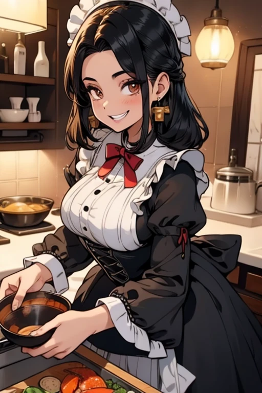 Perfect face. Perfect hands. A black haired woman with brown eyes and an hourglass figure in a Lolita maid outfit is making dinner in a fancy kitchen with a big smile