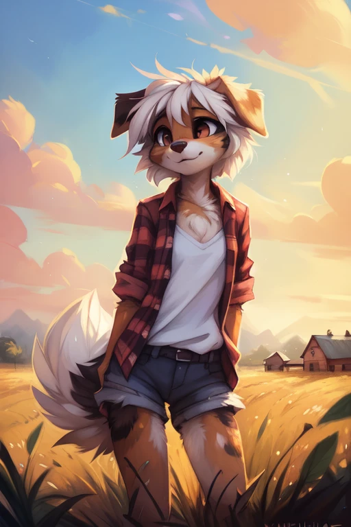 High quality, 8K, by kenket, by swaybat, by reysi, by Zackary911, by hyattlen, by teranen, by fumiko, by Pixelsketcher, by Bayard Wu, by Einshelm, by Kilinah, by Hioshiru, by fluff-kevlar, by Dimwitdog, Furry, Anthro, solo, ((australian shepard)), ((female)), ((young)), fluffy tail, slender, ((short white hair)), chest fluff, short, small breasts, shorts, long sleve flannel shirt, wheat field stretching into the horizon, summer, farm, wooden fence, erotic