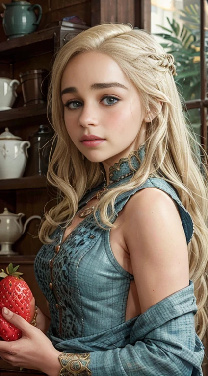 Masterpiece, Best Quality, Super Detailed, High Definition, Expensive Resolution, HDR, Super Detailed CG, Beautiful Details, Depth, Fine Texture, Super Fine, Complete concentration, (Emilia Clarke), sexy, pale skin, blue eyes, smirk, (holding a giant strawberry), vibrant colors, detailed eyes, highly detailed, fine detail, intricate details, volumetric lighting, 