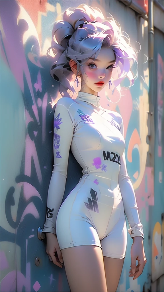 beautiful woman perfect thick thighs, with violet hair, she has no clothes, new, NUDE, sexy sensual realistic, graffiti wall as background