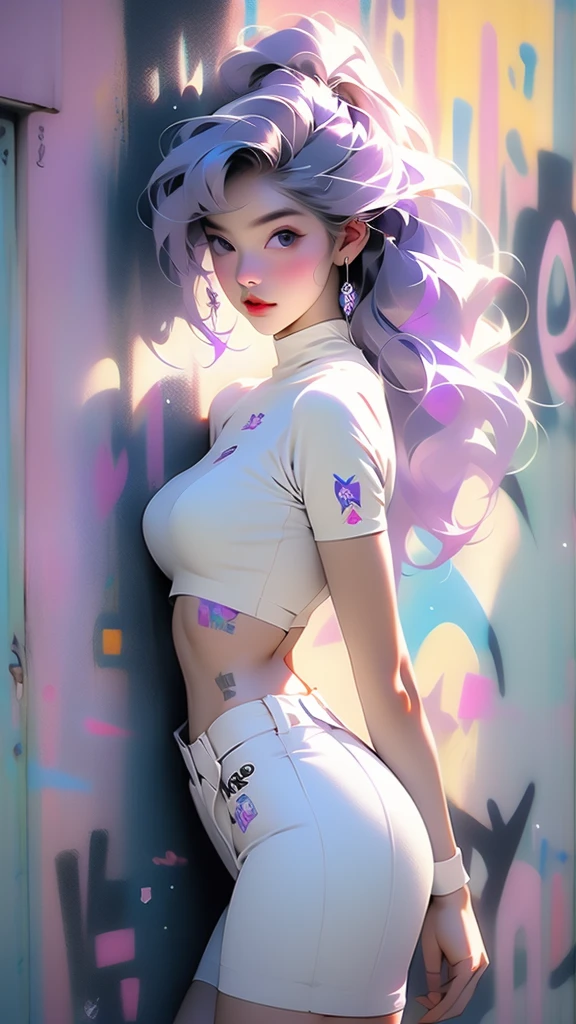 beautiful woman perfect thick thighs, with violet hair, she has no clothes, new, NUDE, sexy sensual realistic, graffiti wall as background