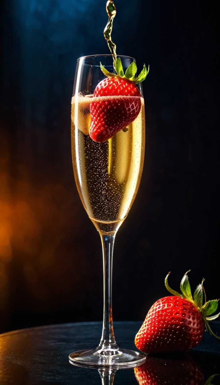 A champagne glass with a ripe, overripe strawberry without stalk inside, pulsating champagne, dramatic lighting, photorealistic, 8K, highly detailed, cinematic, moody atmosphere, warm color tones, dramatic chiaroscuro lighting, glossy champagne surface, intricate details on the strawberry, bokeh background, realistic, made by dsle, bokek, shallow deep of focus, mastery, 8k, proffesional studio light and shadows, photo in phst artstyle