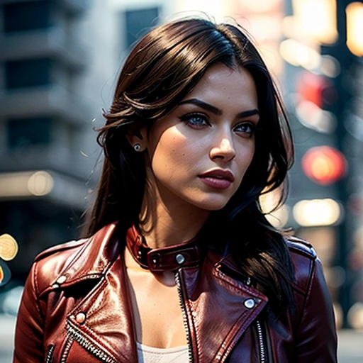 Best quality, realistic, from the front in first person, KristannaTX on a Los Angeles city street, (a female mexican Supermodel), (sexy wine red leather jacket:1.1), split, seductive smile, (dark hair), (hairstyle:1.0), Perfect eyes, sharp parts, detailed face, face-makeup, cheeks turn red, Eyeliner, eyeshadow, lip gloss, Supermodel, (Deep Focus), (hard lighting), (Night time), (realistic lighting:1.0)