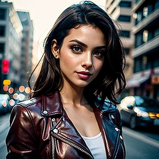 Best quality, realistic, from the front in first person, KristannaTX on a Los Angeles city street, (a female mexican Supermodel), (sexy wine red leather jacket:1.1), split, seductive smile, (dark hair), (hairstyle:1.0), Perfect eyes, sharp parts, detailed face, face-makeup, cheeks turn red, Eyeliner, eyeshadow, lip gloss, Supermodel, (Deep Focus), (hard lighting), (Night time), (realistic lighting:1.0)