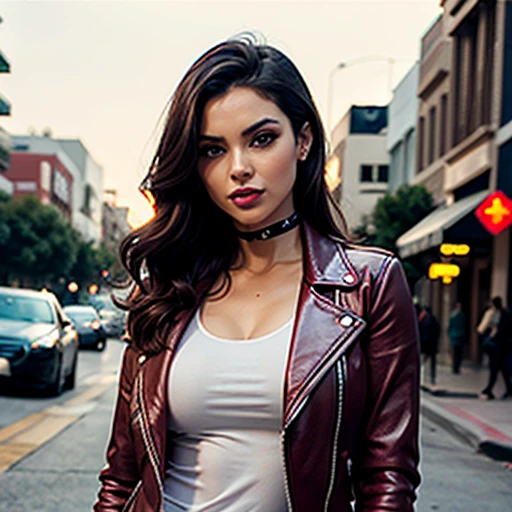Best quality, realistic, from the front in first person, KristannaTX on a Los Angeles city street, (a female mexican Supermodel), (sexy wine red leather jacket:1.1), split, seductive smile, (dark hair), (hairstyle:1.0), Perfect eyes, sharp parts, detailed face, face-makeup, cheeks turn red, Eyeliner, eyeshadow, lip gloss, Supermodel, (Deep Focus), (hard lighting), (Night time), (realistic lighting:1.0)