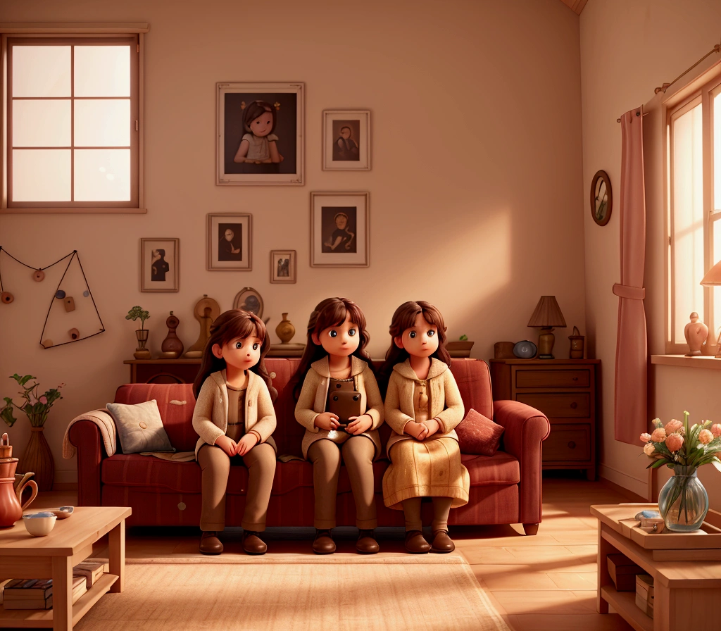 Cinematic realistic photograph of Isabel's cozy home, warm and inviting atmosphere, living room with family photos on the walls, Isabel and her parents sitting on a comfortable sofa, soft afternoon light coming through the window, --ar 16:9 --v 5