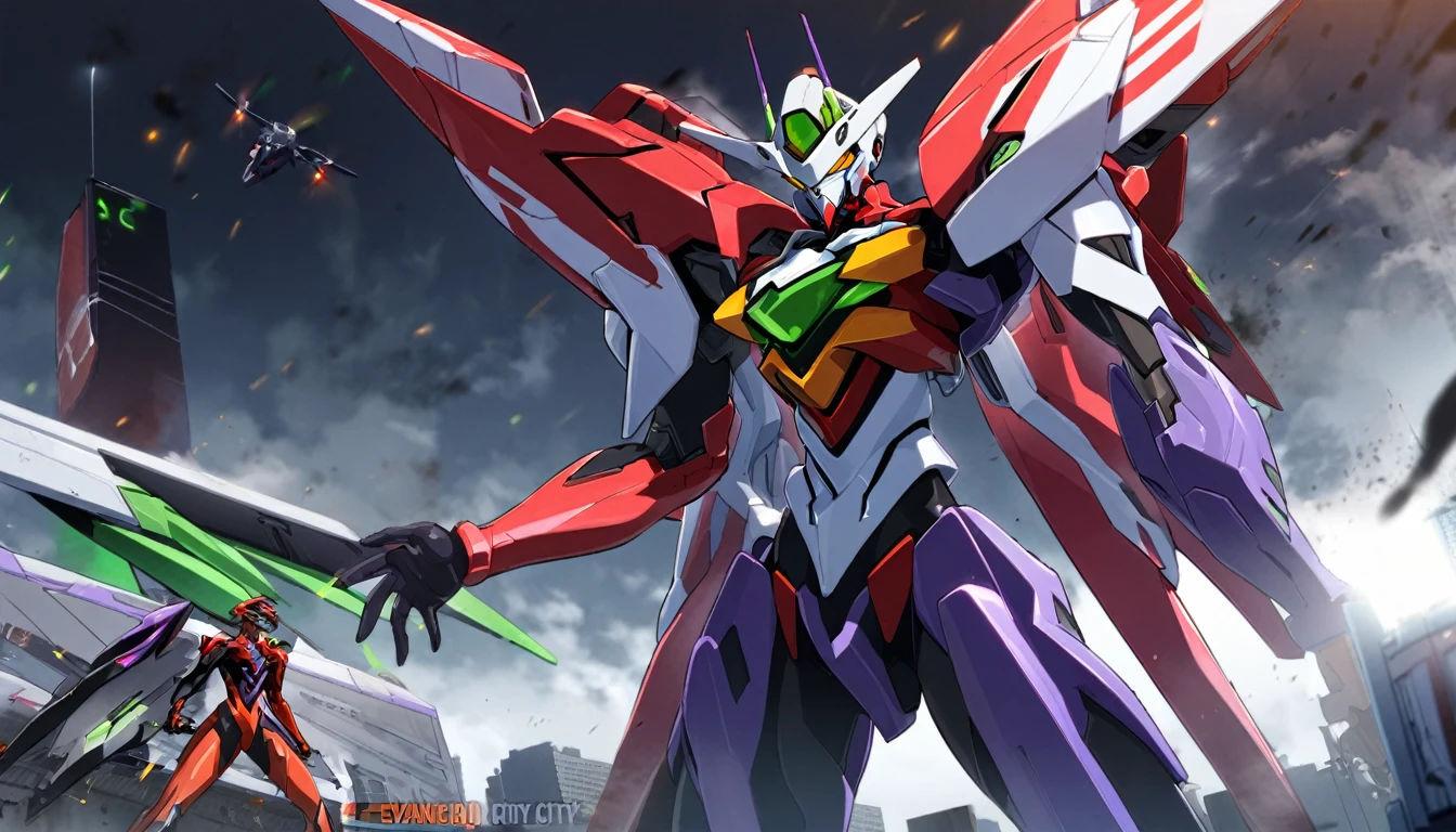 3 mechas, 1 Evangelion00, 1 Evangelion01, 1 Evangelion02, . tokyo3 city