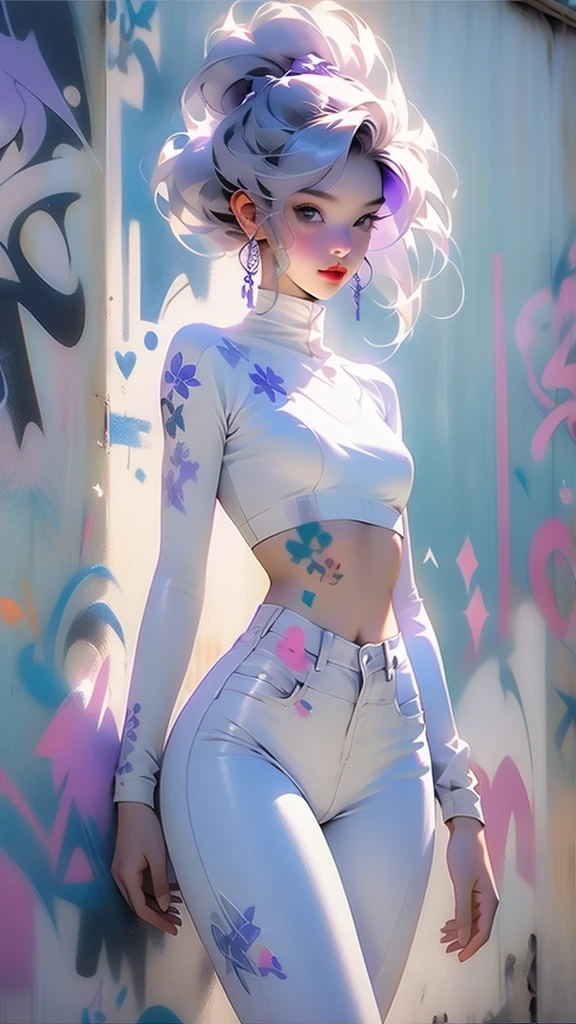 beautiful woman perfect thick thighs, with violet hair, she has no clothes, new, NUDE, sexy sensual realistic, graffiti wall as background