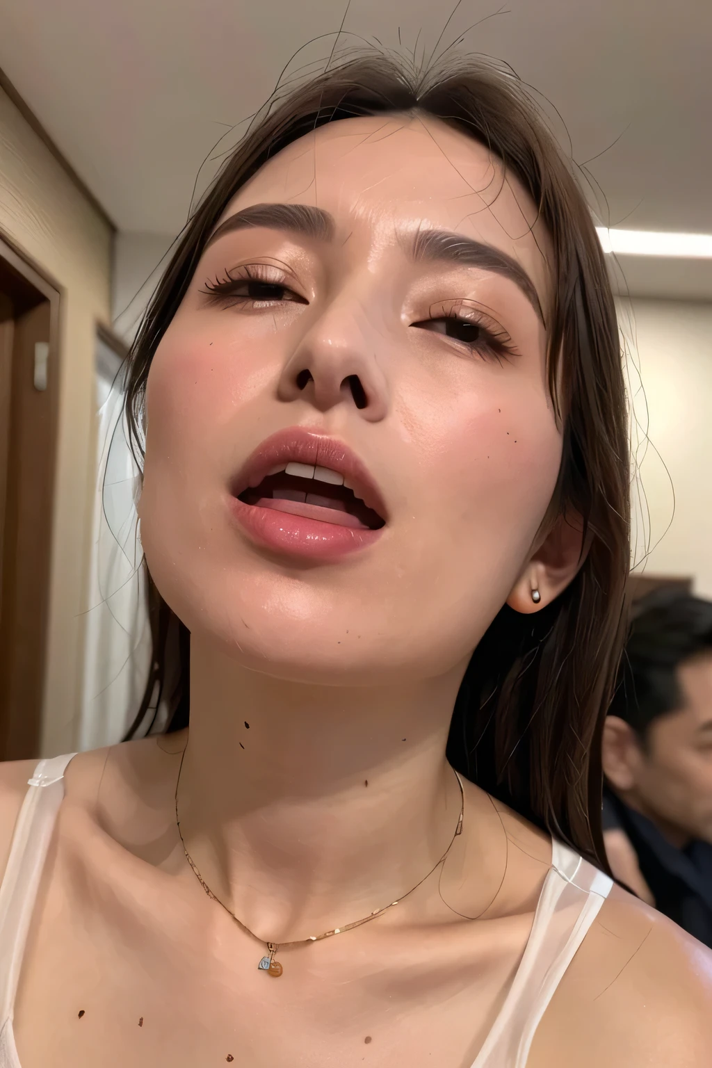 Beautiful Japan actress,Flying debris,Award-winning photo, Very detailed, Edge Orgasm, Woman with open mouth and closed eyes , Sweaty skin、Lighting that highlights shiny sweat{{{Spread the word }}}, Black Hair、Browsing Caution,{{{{Crowd of elderly male spectators,Surrounded by men,}}}},(length, Narrow nostrils)、Raise your arms behind your head,