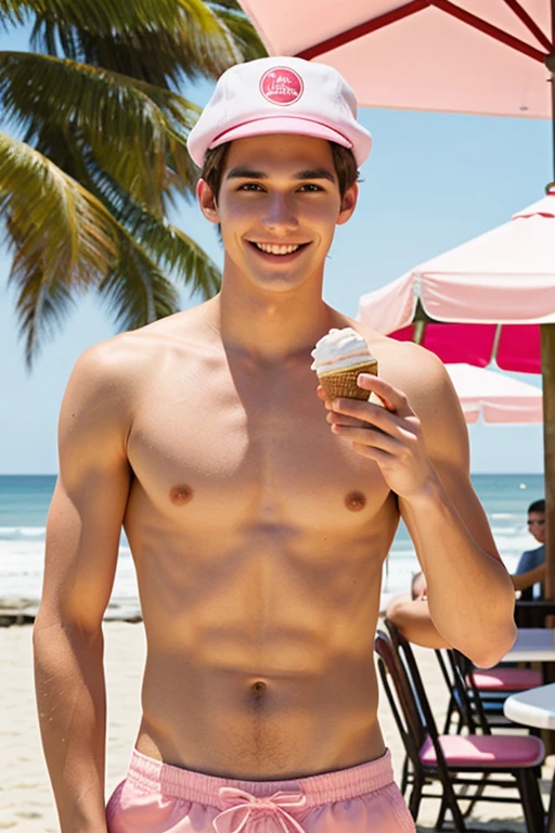 A young man, Beautiful, handsome, skinny, beautiful white face without shirt, ice cream server with pink hat on the beach and an ice cream parlor behind holding ice cream