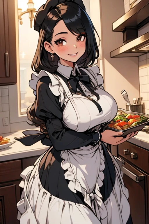 Perfect face. Perfect hands. A black haired woman with brown eyes and an hourglass figure in a Lolita maid outfit is making dinner in a fancy kitchen with a big smile