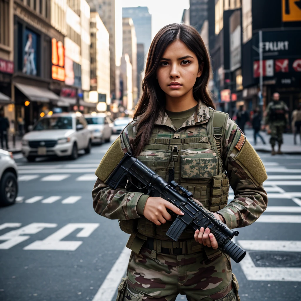 4k beautiful female model in a military commando assault suit, dramatic lighting, highly detailed, ultra-realistic, film grain, facing camera and holding an assault rifle. Her intense eyes are filled with determination and resilience. The background of New York City busy intersection in daylight.
