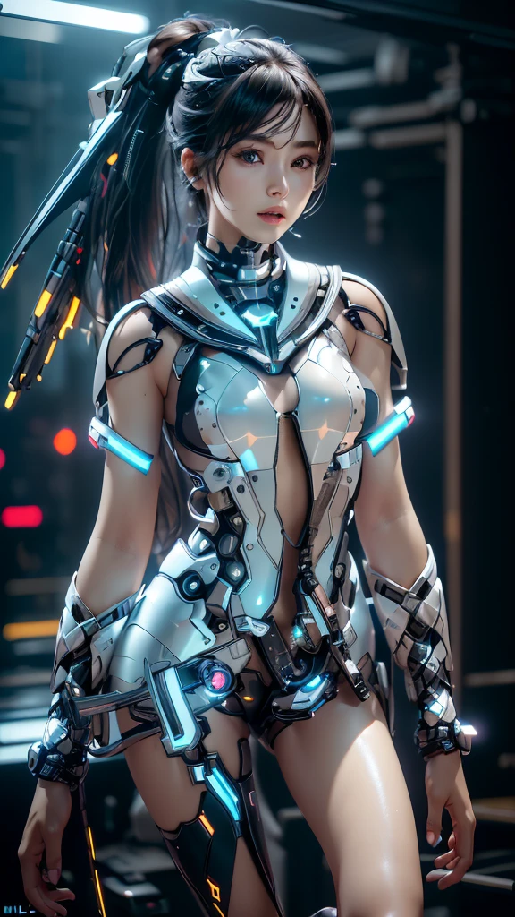((best quality)), ((masterpiece)), (detailed), perfect face. real live photo of Stellar Blade, japanese girl with ponytail, futuristic white and black outfit with transparent student sailor design. cybernetic accessories. black background, 8k portrait render, 8 k character details unreal 6 breathtaking detailed ( ( unreal engine ) ), unreal engine 5, masterpice. award winning cinematography. soft focus. highly detailed, intricate details. highly detailed character, photorealistic. unreal engine 5 render.
