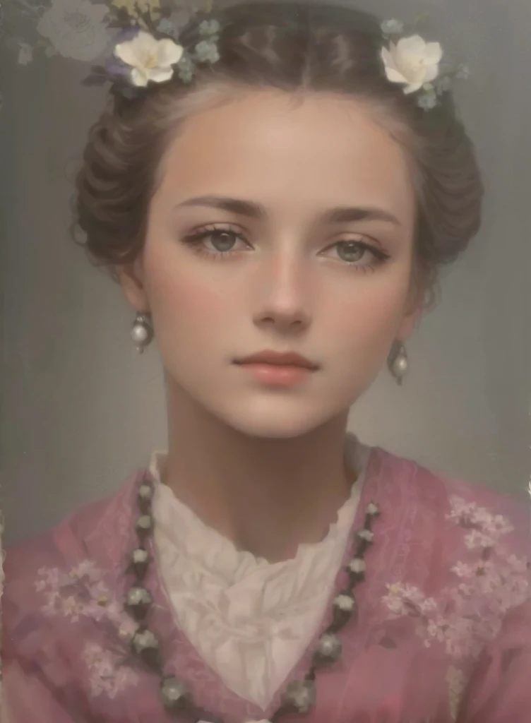 arafed photo of a woman with a large black necklace and white flowers in her hair, realistic colored, old color photo, about 1 9 years old, old color photo, autochrome pearl portrait, restored color, photo of a woman, photo of a young woman, aged 2 5, color photo, color photo, vintage color photo, 13 year old, color photo, high detail, european woman,
