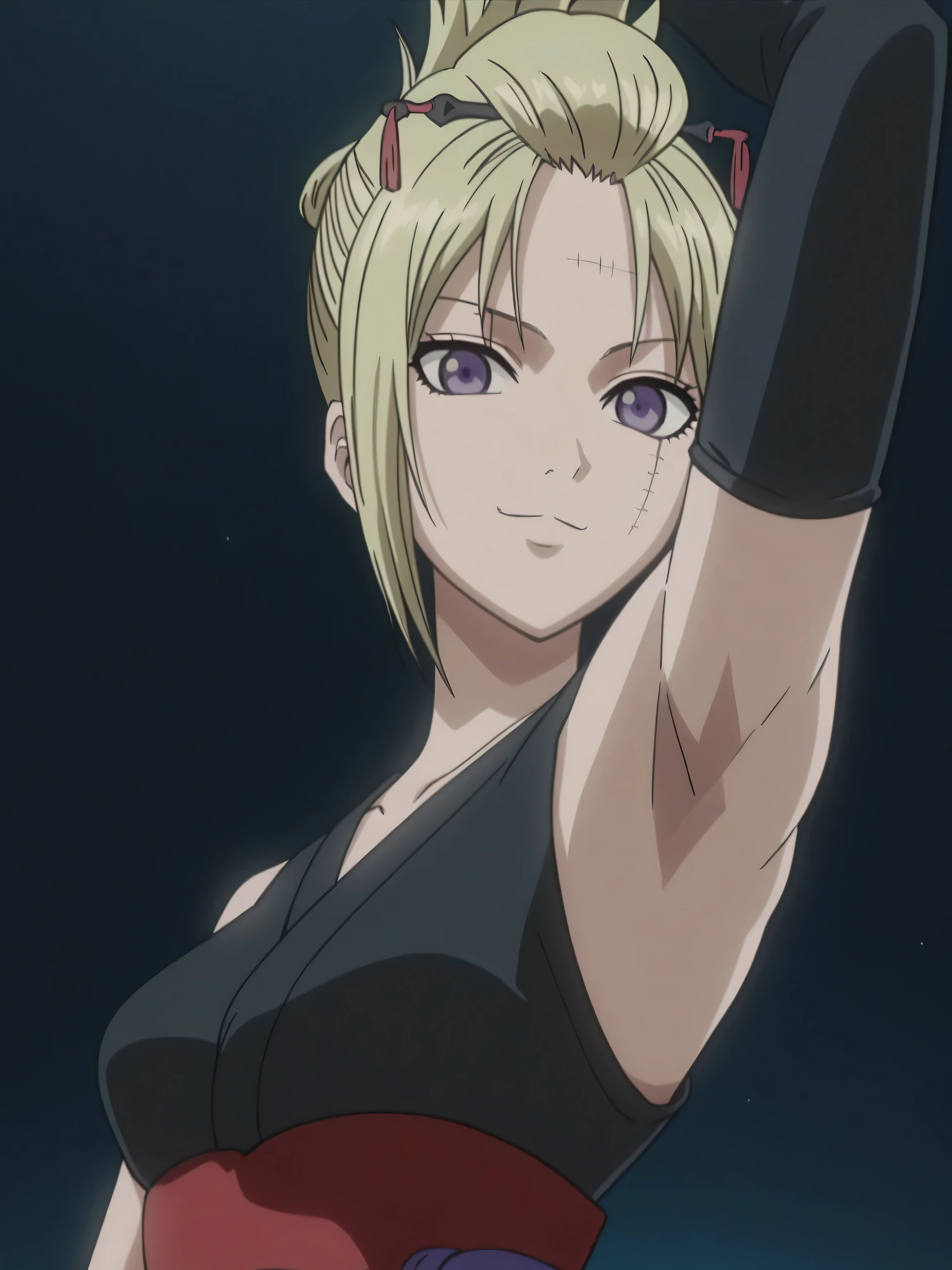 score_9, score_8_up, score_7_up, source_anime, Tsukuyo, blonde hair, folded ponytail, scar on face, purple eyes, collarbone, Black kimono, sleeveless kimono, detached sleeves, elbow gloves, folded ponytail, orange leaf print, red obi, bare shoulders, 1girl, solo, anime screencap, frontlighting, simple background, black background, dark background, soft light, shiny skin, shiny hair, looking at viewer, eye contact with viewer, evil smile, closed mouth, arms up, raised arms, armpits, in the center, symmetrical, upright,