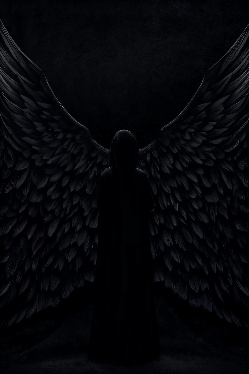 Create an image in the dark, gloomy colors,  depicting a distant figure in black with long white wings. The background should be dark and atmospheric, with low clouds and dim light. Pay attention to the details of the wings and the overall composition, to convey a sense of mysticism and dark beauty.