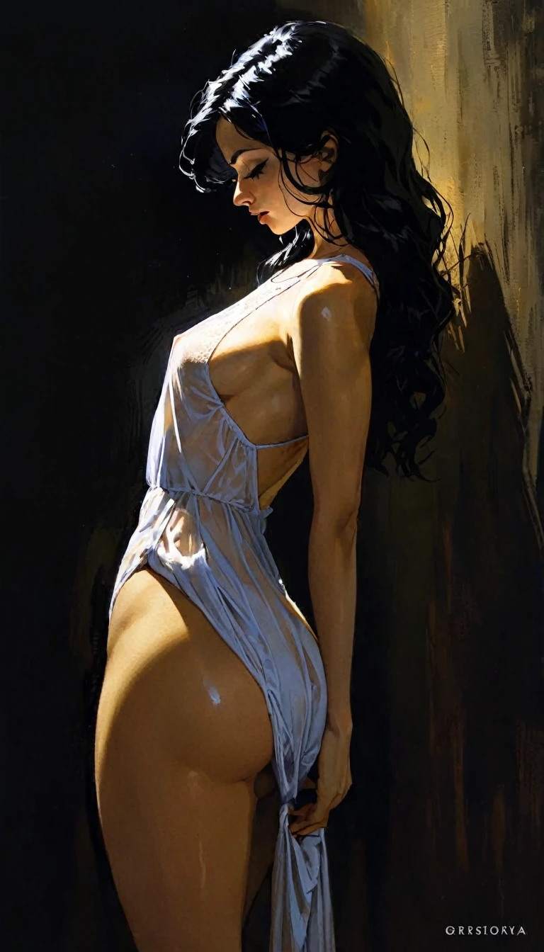 girl with long black hair, very small tits, very tight sexy dress {{{,{nsfw✨🤟😁🤗😍😆👍🙌✨👩👩👦👦sex sex sex ✨✨ ❗ 🙏😁❤}}},, eroticism, sexy, white image and black, between shadows, oil painting, chiaroscuro, sensual, dramatic lighting, moody atmosphere, photorealistic, intricate details, masterpiece, ultra-detailed, high quality, 8k, best quality, realistic, cinematic, Dark and melancholic composition, expressionistic and powerful , emotional impact, art inspired by Bill Sienkiewicz.