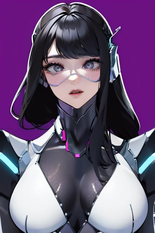 empty eyes,robotized woman ,big bust,Robot Joint ,Metal skin,Black Suit,long hair,a suit that covers the whole body,mechanization,robot, antenna