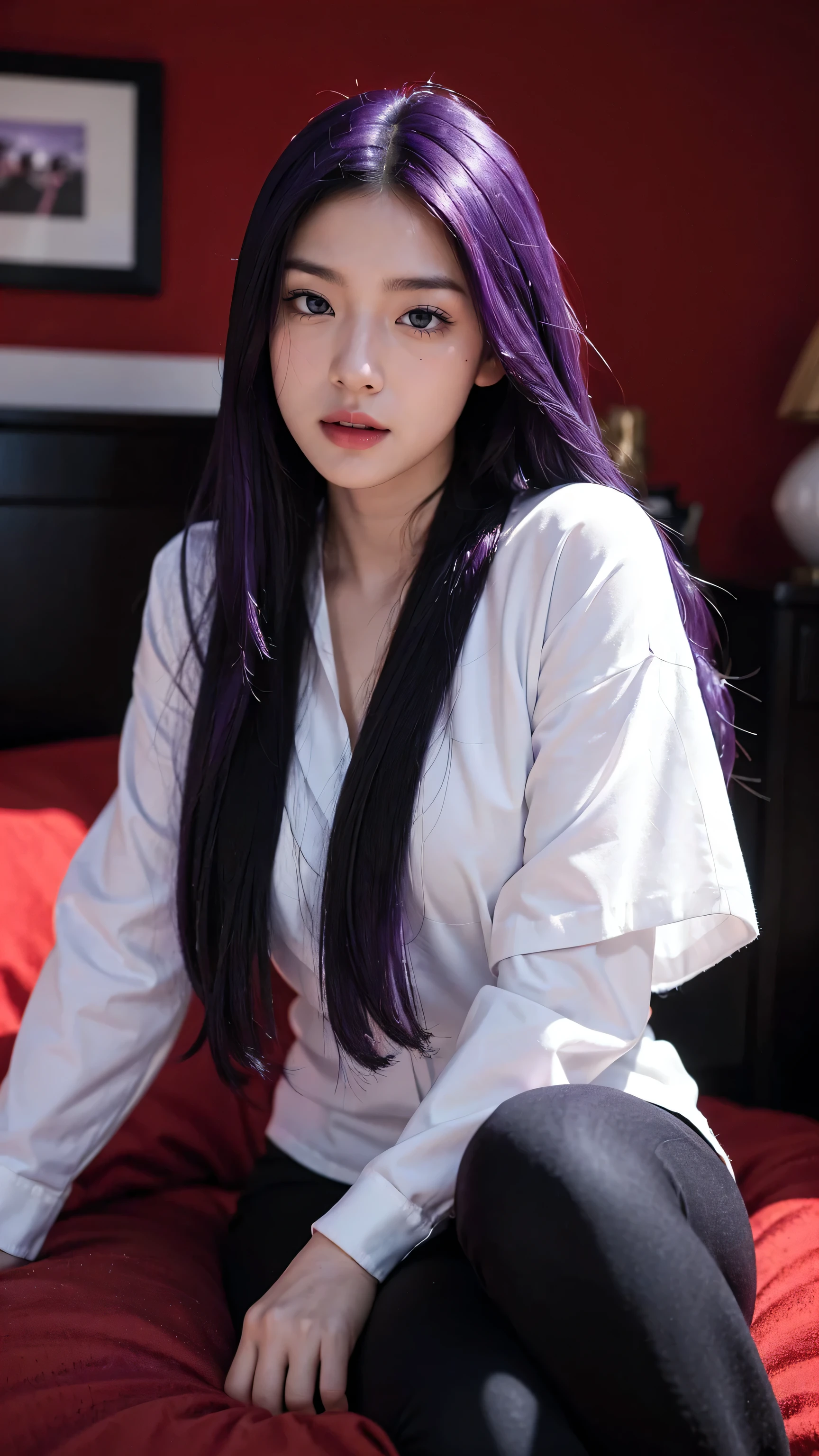 mid shot, white Asian woman, ((long black and purple hair)), red outfit, (detailed face), beautiful eyes, lips, nose, (detailed skin), beautiful facial features, sitting in her room, detailed furniture, comfortable bedroom interior,natural lighting, high quality, ((photorealistic,extremely detailed) ,8k,masterpiece,bright colors, cinematic lighting, ((no blurry))