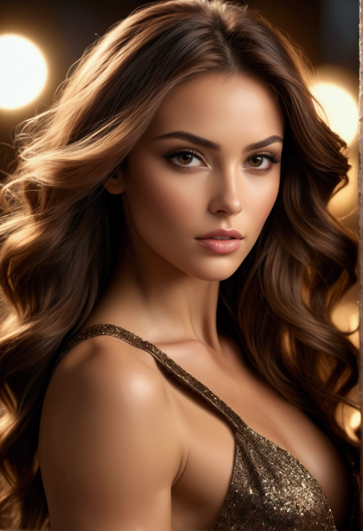 A beautiful, muscular female supermodel with a fit, toned body, long brown hair, striking facial features, and a confident, alluring expression, in a high-fashion photoshoot setting with dramatic lighting, cinematic camera angles, and a stylish, high-end aesthetic, (best quality,4k,8k,highres,masterpiece:1.2),ultra-detailed,(realistic,photorealistic,photo-realistic:1.37),HDR,UHD,studio lighting,ultra-fine painting,sharp focus,physically-based rendering,extreme detail description,professional,vivid colors,bokeh,fashion photography,glamour,chiaroscuro lighting