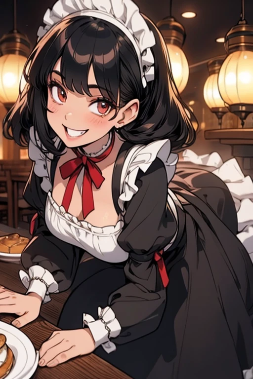 Perfect face. Perfect hands. A black haired woman with brown eyes and an hourglass figure in a Lolita maid outfit is setting tables in a fancy maid cafe with a big smile