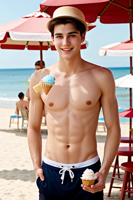 A young man, Beautiful, handsome, skinny, beautiful white face without shirt, ice cream server with hat on the beach and an ice cream parlor behind holding ice cream