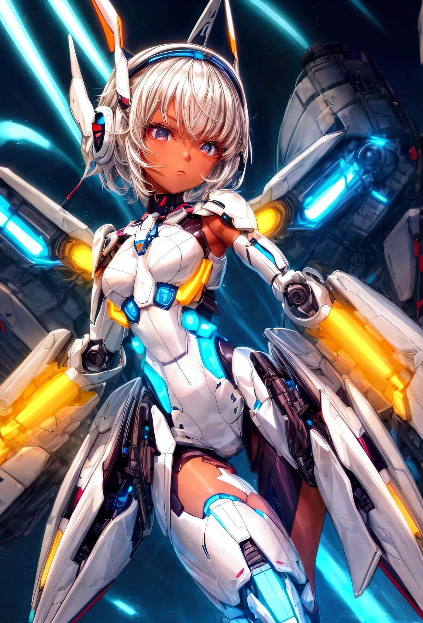 1girl, solo, (adolescent:1.4), small_breasts, (tan_skin:1.2), short white hair with bright neon streak, hair in motion, mecha headgear expressive poses, bright LED, skin-tight mecha suit, simple background.