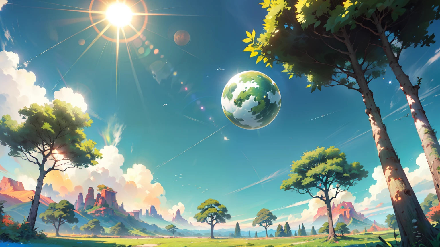 (((sunny morning, a lot of trees, green area))), ((((notable presence of three suns at different points in the blue sky)))), (((horizon view))), ((paisaje)),