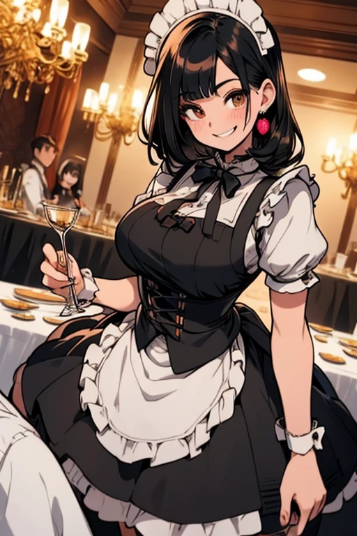 Perfect face. Perfect hands. A black haired woman with brown eyes and an hourglass figure in a Lolita maid outfit is setting tables in a fancy maid cafe with a big smile
