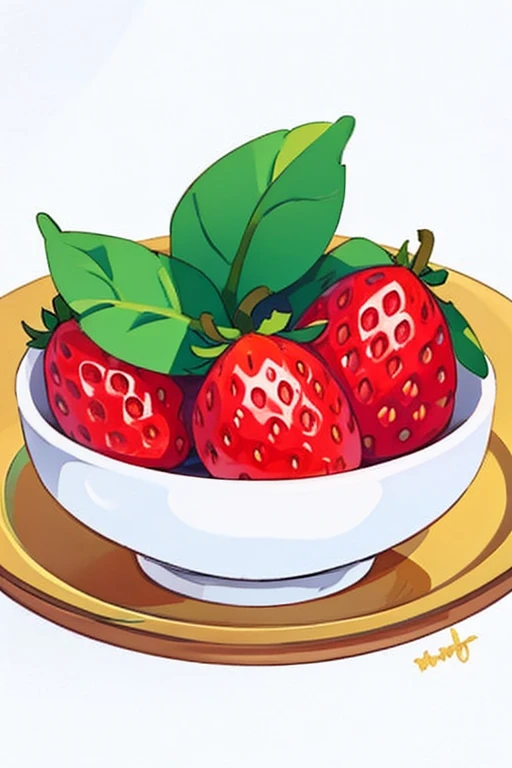 strawberry、Simple Background、White background、food、signature、No people、fruit、leaf、Traditional Media、foodに焦点、still life